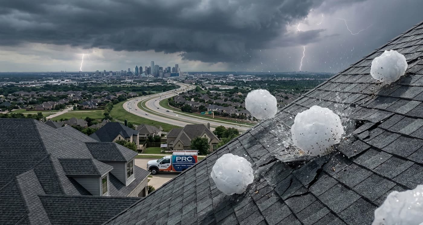 Hail-damaged roof on a North Texas home
