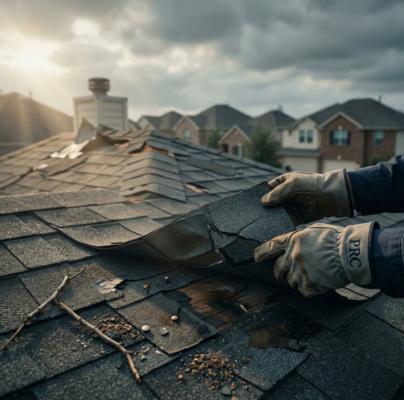Hail-damaged roof on a North Texas home
