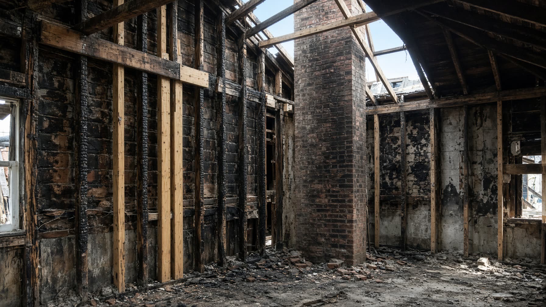 Fire reconstruction — charred framing and new lumber