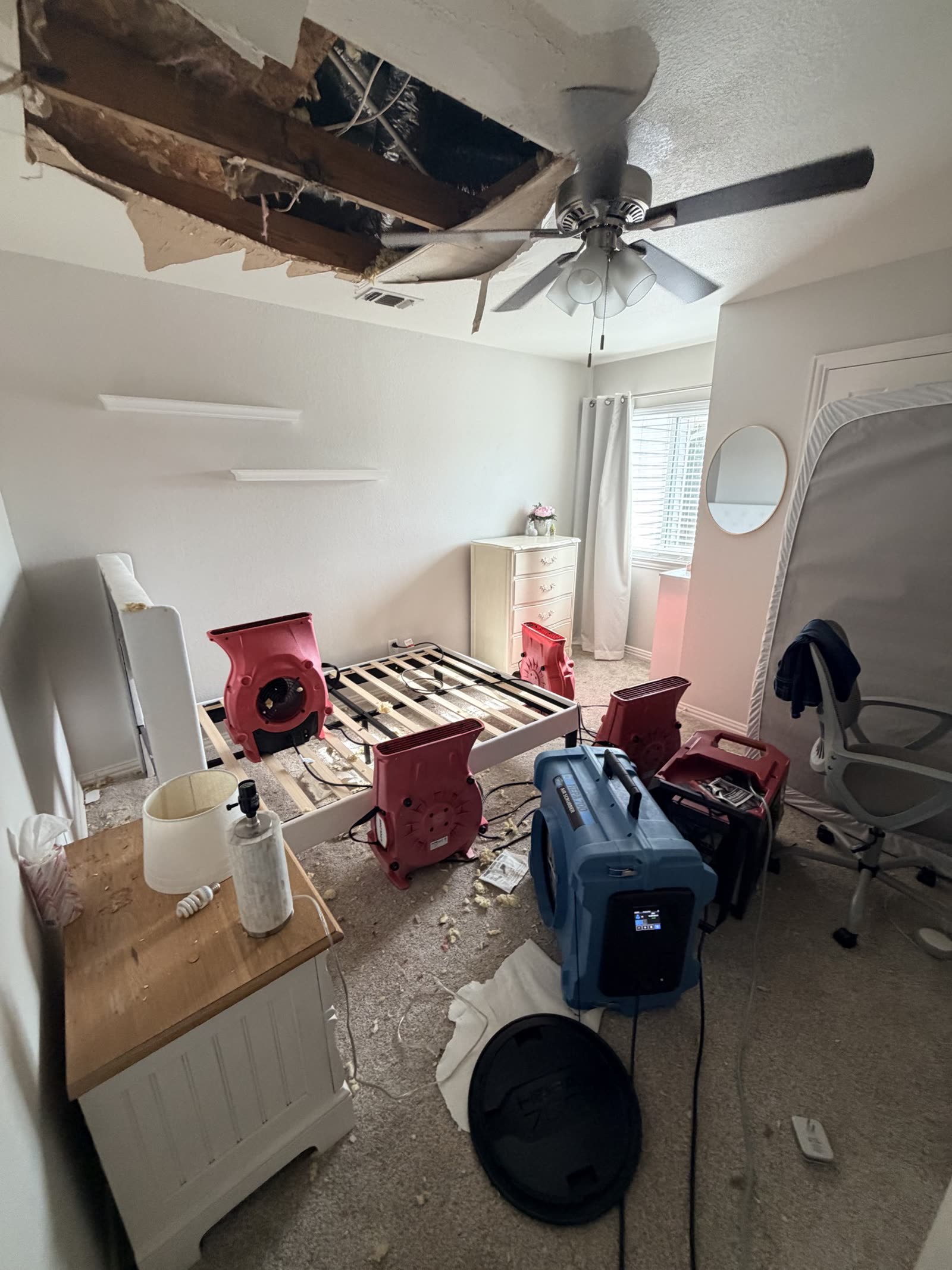 Fort Worth — bedroom with collapsed ceiling and drying equipment
