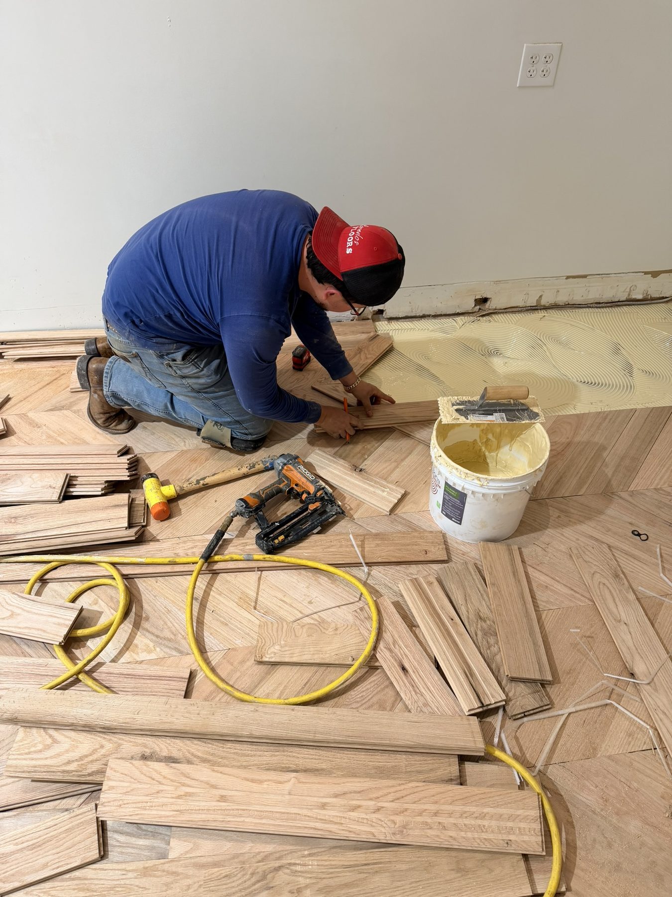 Dallas Design District — nailer on the chevron install