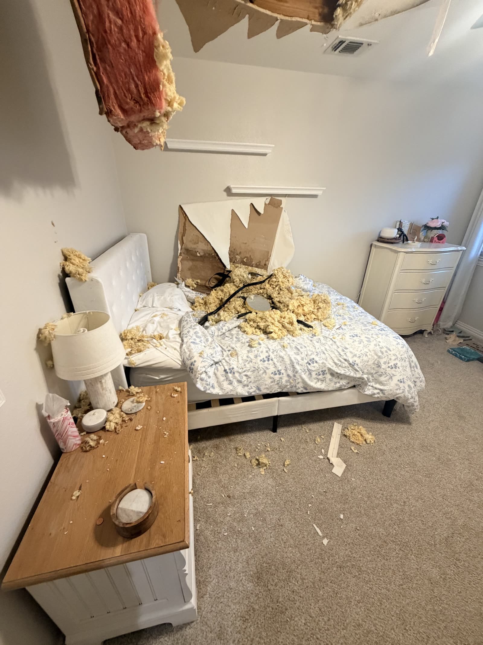 Fort Worth — wet insulation on a bed after the ceiling failed