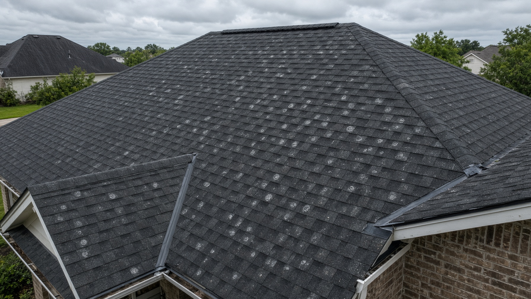 Fort Worth — hail-bruised asphalt shingle roof and flashing